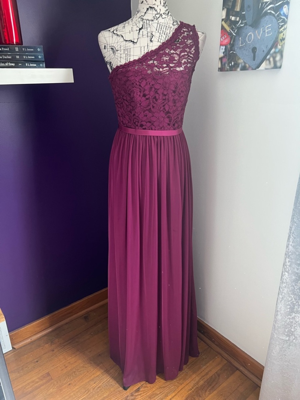 David's Bridal One-Shoulder Lace & Chiffon Bridesmaid Prom Gown